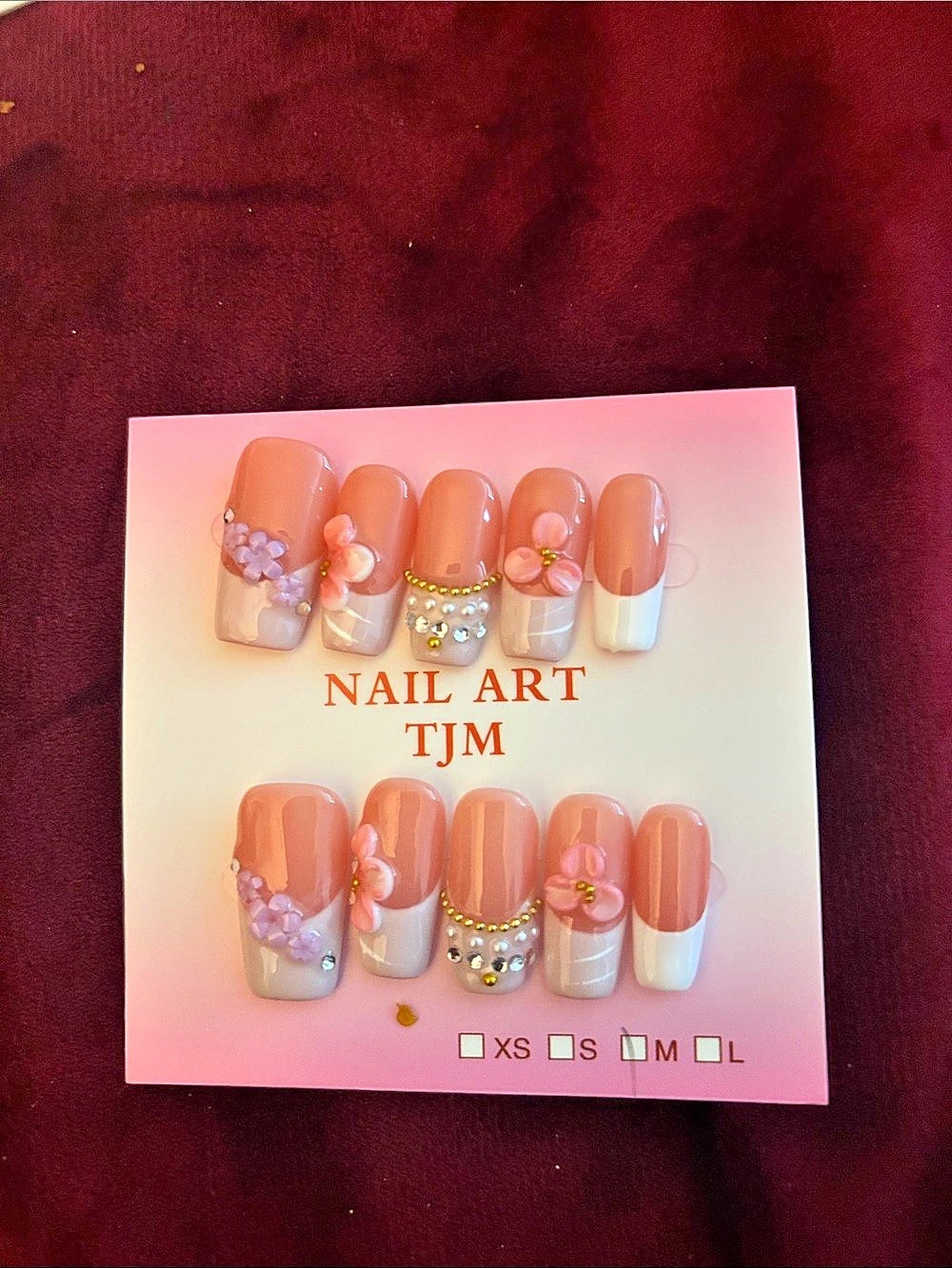 TJM Pink & White Floral Rhinestone Press-On Nails